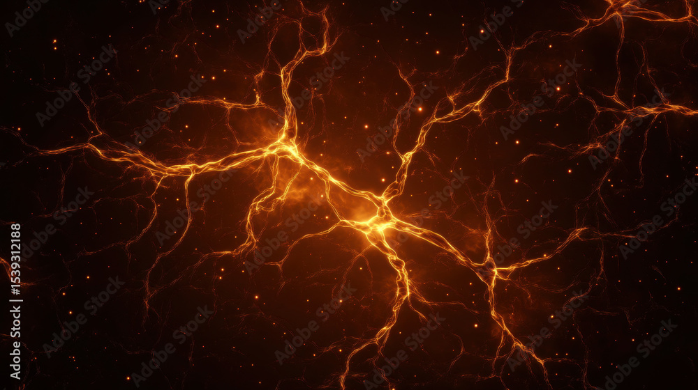 Poster glowing orange dynamic technoorganic patterns spread like synapse with bright electric energy dark b