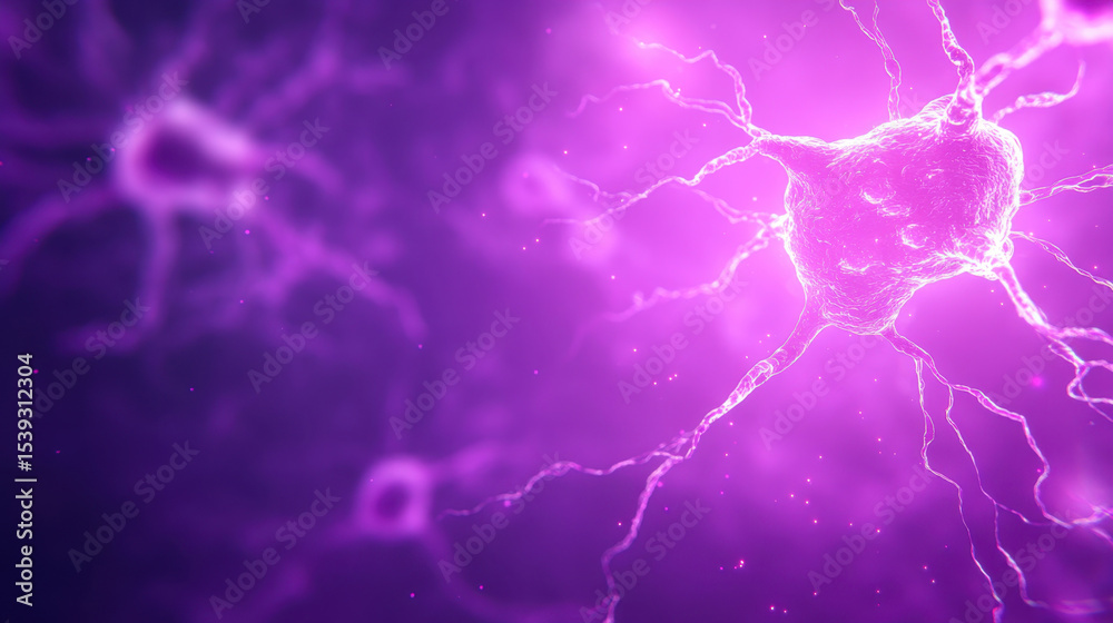 Poster neurons glowing in purple light with electric impulses, showing neural network and brain cell connec