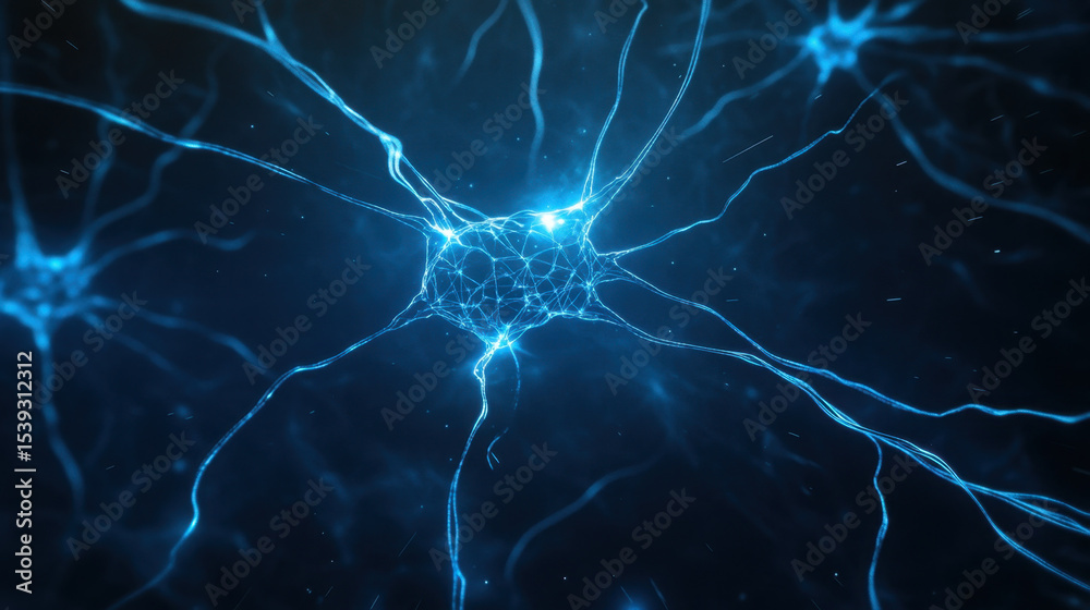 Poster Neural network with glowing blue connections and floating particles representing artificial intelligence and brain activity