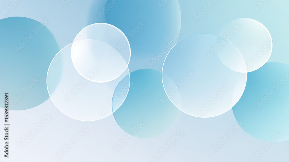 Poster Soft light blue and white background with transparent overlapping circles creating calm and airy abstract design