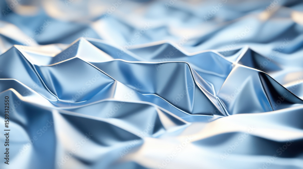 Poster Crumpled shiny blue metallic surface with smooth reflective texture creating abstract geometric shapes and soft light reflections