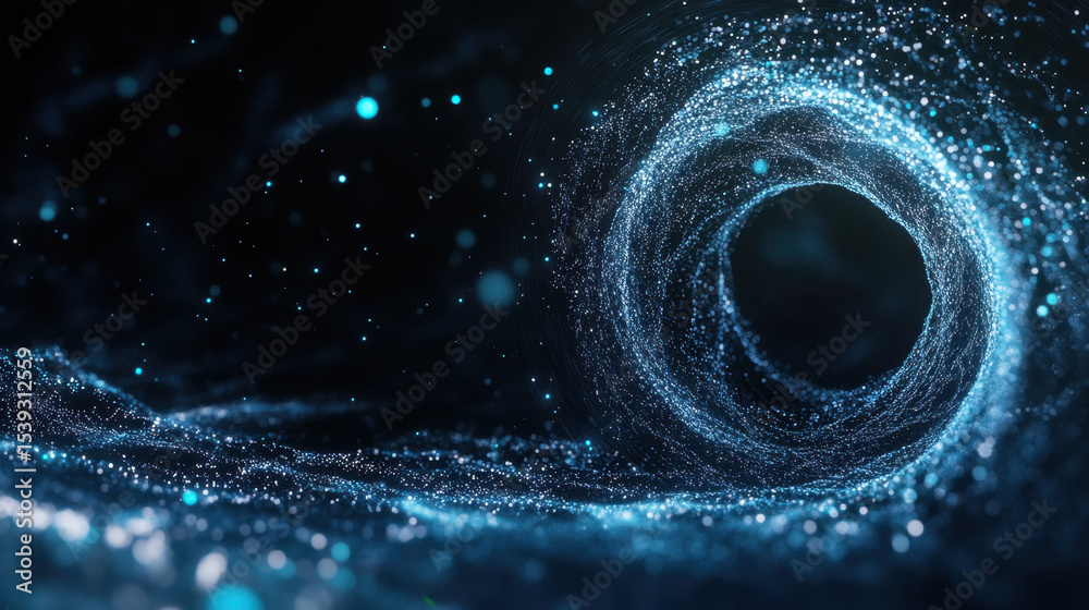 Poster Digital vortex with glowing blue particles swirling in dark space, creating mesmerizing tunnel effect full of dynamic energy and depth