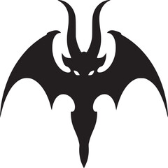 A black silhouette of a winged creature with horns and glowing eyes on a white background image art