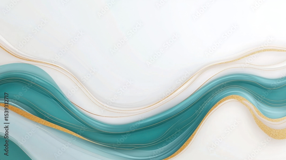 Aufkleber Modern abstract layout with fluid teal waves and gold accents on soft white background creating elegant movement and flow