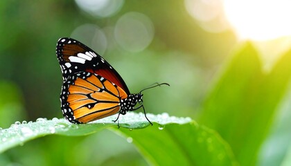 Fototapeta premium Butterfly on leaf with morning dew.