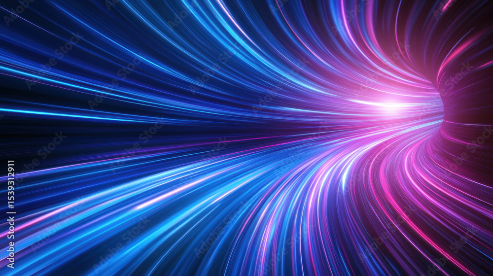 Poster light streaks in blue and pink create dynamic tunnel effect with soft motion blur, evoking sense of 