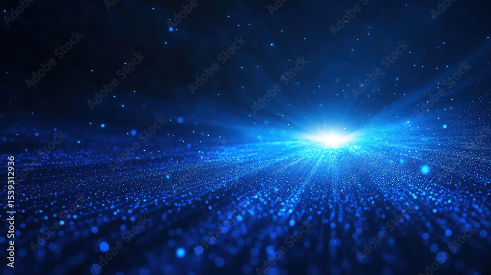 Fototapete bright blue light shining through field of glowing particles with soft radial grid expanding outward