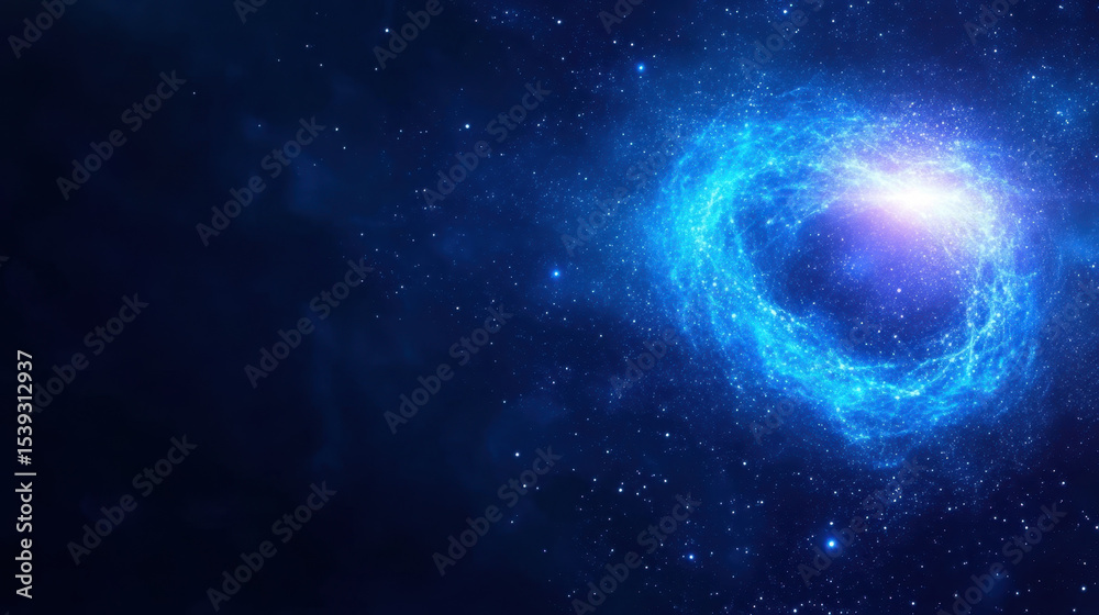 Aufkleber blue glowing galaxy in space with bright stars and cosmic dust creating radiant spiral shape in dark