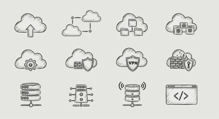 Obraz premium Cloud Computing Technology Icons Sketch Server Network Data Security Upload Download VPN Firewall