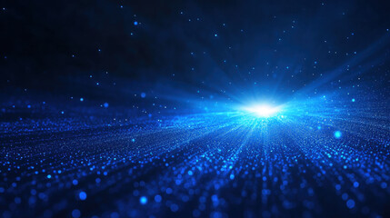 Bright blue light shining through field of glowing particles with soft radial grid expanding outward rings, creating futuristic and dynamic effect