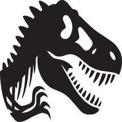 Black silhouette of a dinosaur head with sharp teeth and bony frills on a white background design