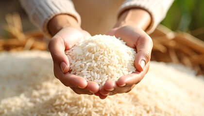 Hands Holding Rice Harvest.