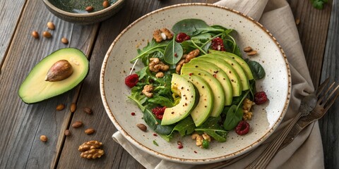 Fresh spinach salad topped with sliced avocado, walnuts, cranberries, and seeds, served on a rustic plate with a half avocado on the side.
