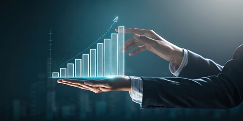 A businessman in a suit holding a glowing digital bar graph with a rising trend arrow, symbolizing growth and success.