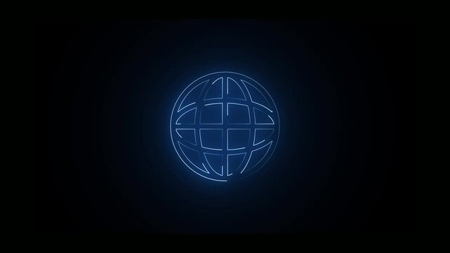 symbol Neon globe cyan icon animation plane world map neon black background. neon pictogram for a webpage. World web icon, www earth globe icons .com, internet symbol for your logo, glowing animation.