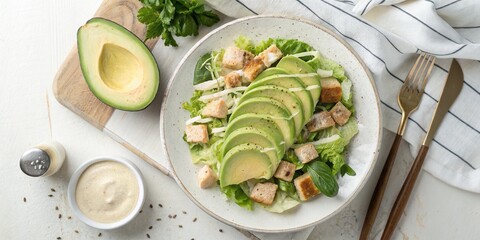 A fresh avocado salad with grilled chicken, lettuce, and herbs, served with creamy dressing on a light wooden board.
