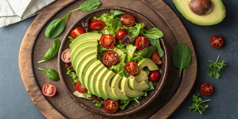 Fresh avocado and cherry tomato salad with leafy greens arranged on a wooden serving board, highlighting vibrant colors and healthy ingredients.