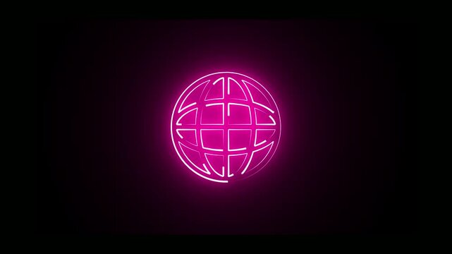 symbol Neon globe cyan icon animation plane world map neon black background. neon pictogram for a webpage. World web icon, www earth globe icons .com, internet symbol for your logo, glowing animation.