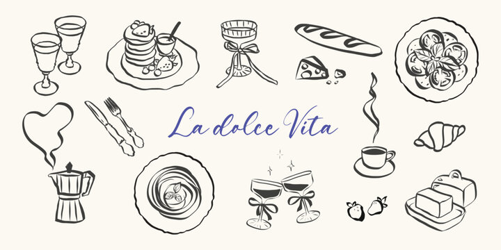 Italian food and pasta doodles. Whimsical icons with la dolce vita aesthetic in simple crayon and sketch style. Trendy art for menus and dinner brunch invitations. Sketch vector illustration