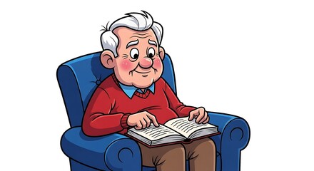 Cartoon illustration of an elderly man sitting on a cozy armchair reading a book, isolated on white background.