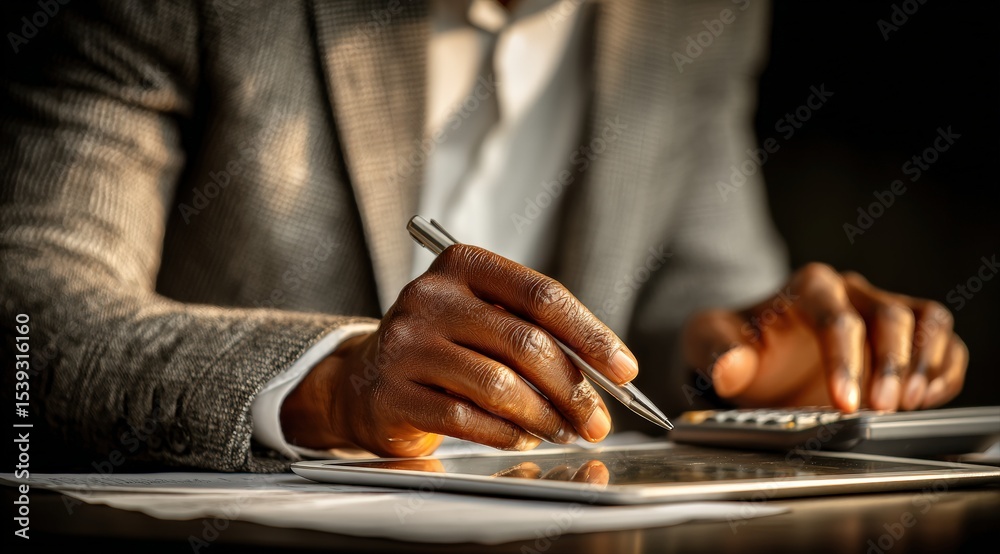 Poster Businessman analyzing financial data on a tablet while using a calculator, managing documents and reports in a modern office setting