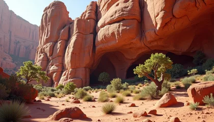 Gordijnen A desert landscape featuring sandstone formations and a lone tree beneath a rock overhang. © berkah nikah