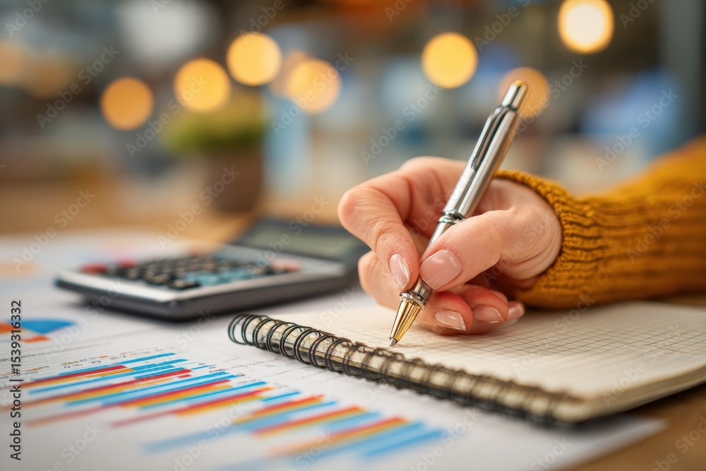 Poster businesswoman using pen and calculator, taking notes in notebook while analyzing financial charts at