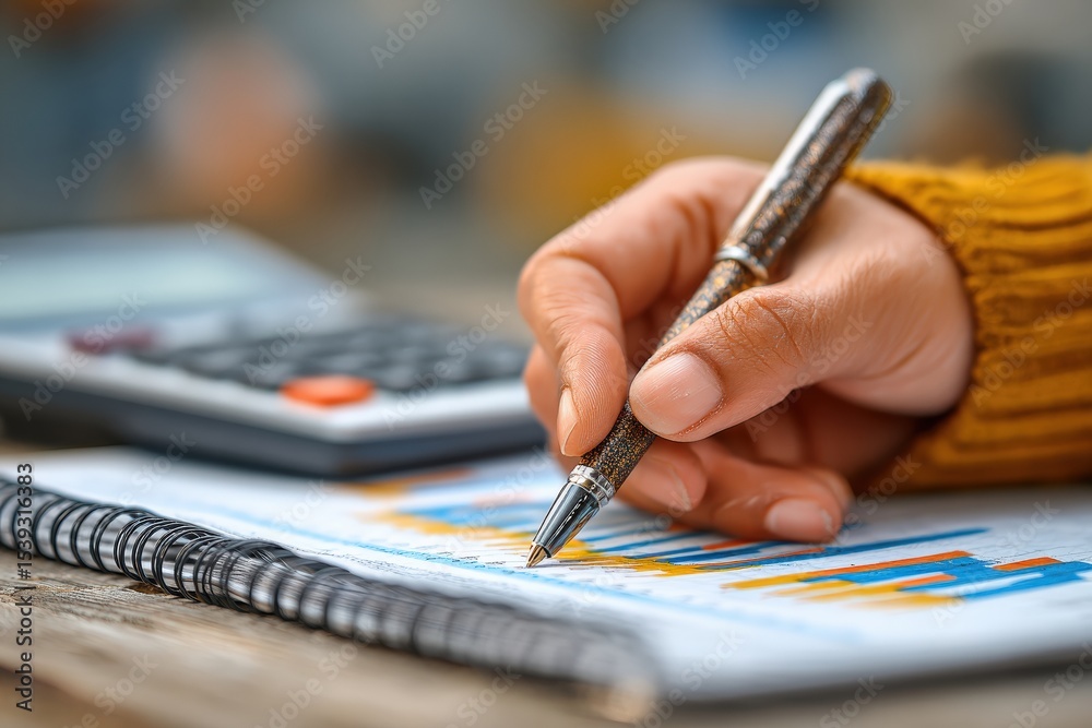 Poster close up of hand holding pen pointing at financial chart on notebook, with calculator in background,