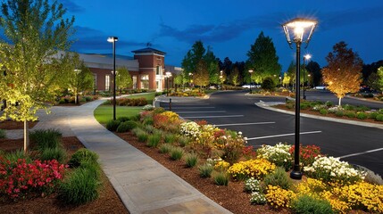 Dusk illuminates a landscaped parking lot with a brick building, walkways, and flowering plants.  Tall lampposts provide warm lighting