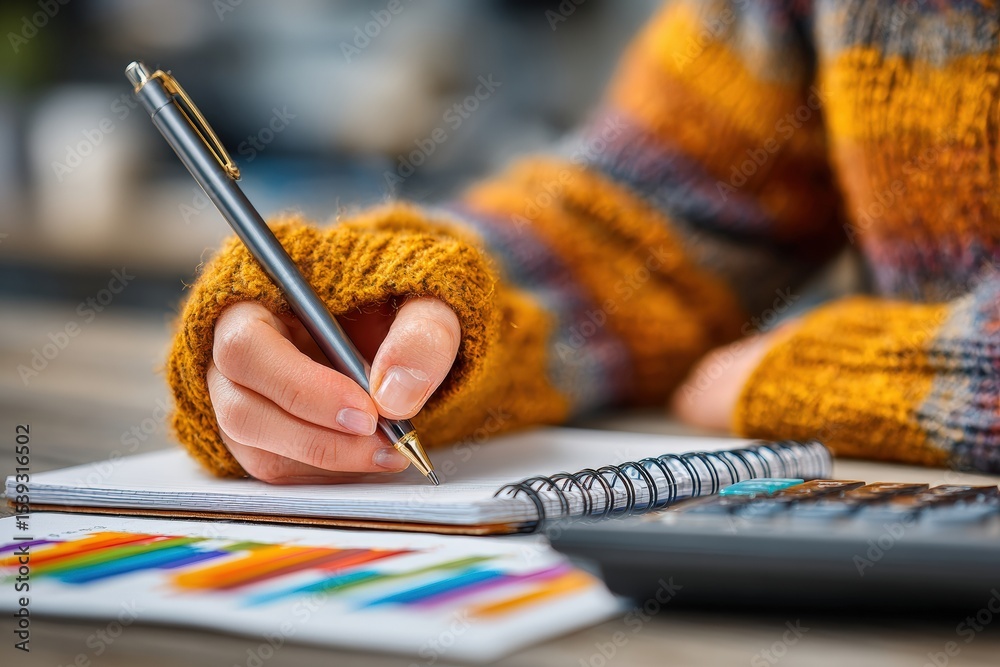 Poster businesswoman wearing fingerless gloves analyzing financial charts and taking notes while calculatin