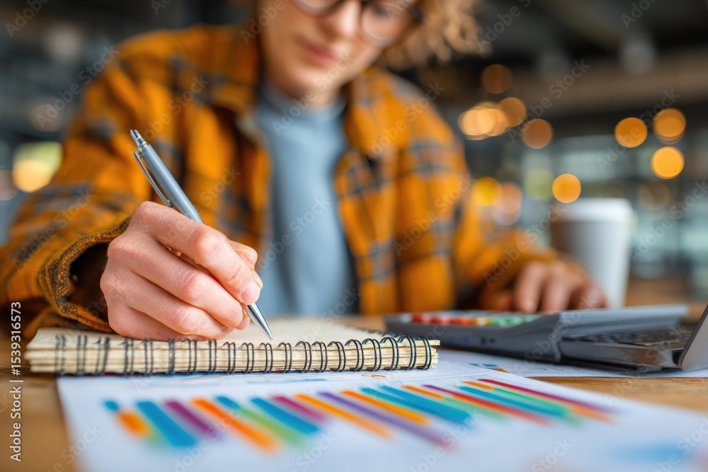 Poster Businesswoman analyzing and taking notes about financial data in a notebook while using a calculator and a laptop