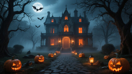 A hauntingly beautiful Halloween scene under a full moon, featuring a grand, spooky mansion with glowing orange windows and intricate gothic architecture. Halloween, Halloween Costumes