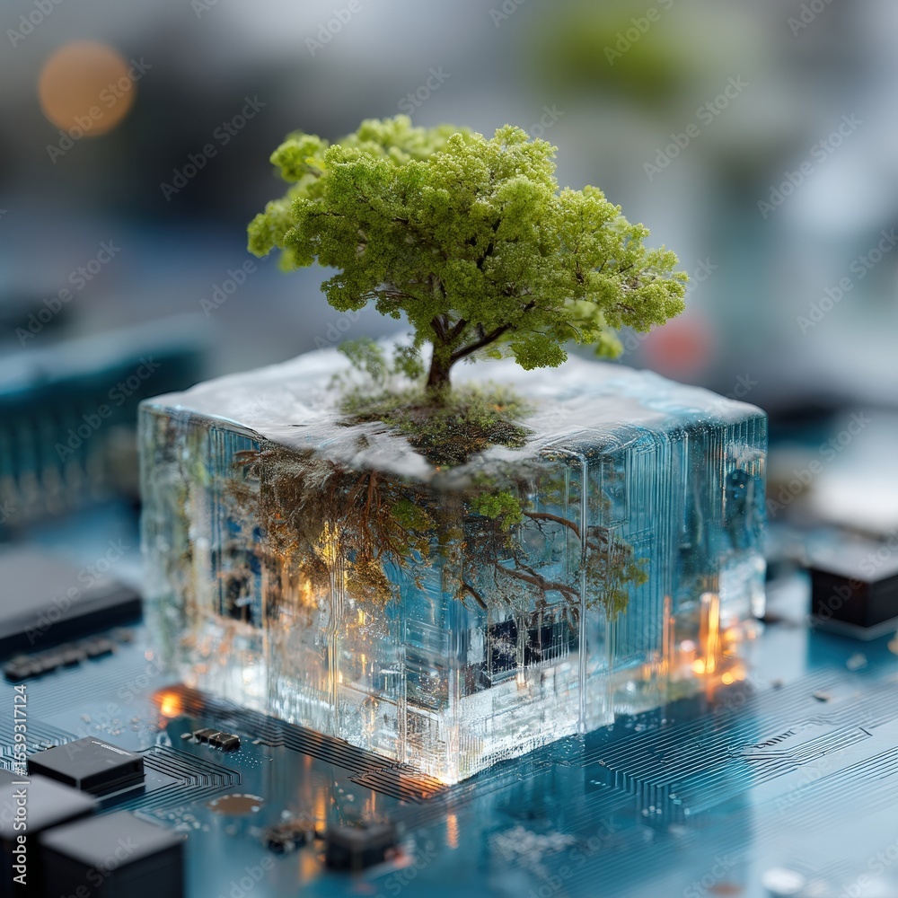 Poster Lush green tree growing out of a translucent, ice like cube embedded on a circuit board, symbolizing the fusion of nature and technology