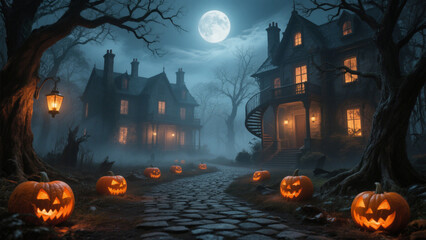 A hauntingly beautiful Halloween scene under a full moon, with eerie, gothic-style mansions glowing faintly in the background. Halloween, Halloween Costumes, Halloween Background, Happy Halloween