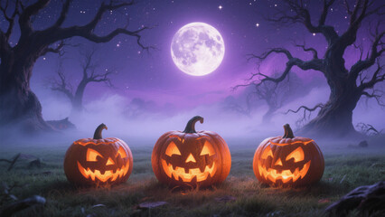 A hauntingly beautiful Halloween scene under a full, glowing moon with deep purple hues. Halloween, Halloween Costumes, Halloween Background, Happy Halloween