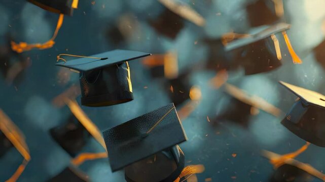 Dramatic shot of graduation caps floating in the air with bokeh effect