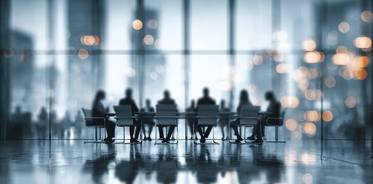 Defocused board meeting background behind glass wall. High quality