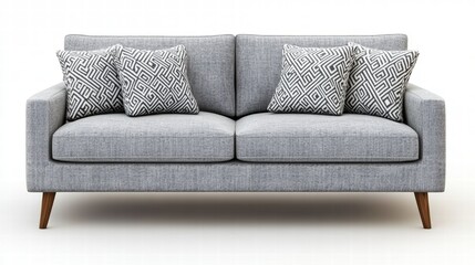 Modern Gray Sofa with Decorative Cushions on a Clean Background