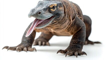 Obraz premium Komodo Dragon, Open Mouth, Close-up, Isolated on White Background. Possible Use Educational or nature-related publications