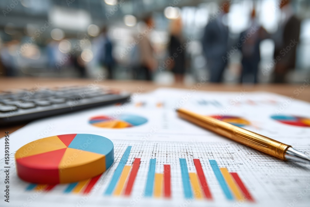 Poster colorful pie chart and bar graph reports with calculator and pen on desk showing market analysis and