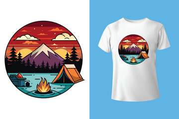 Adirondack Mountains. The great outdoor. Take a hike vector print design. Wild lake artwork for posters, stickers, background and others. Outdoor vibes illustration. Mountain camping art.