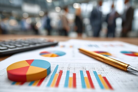 Colorful pie chart and bar graph reports with calculator and pen on desk showing market analysis and increasing profit