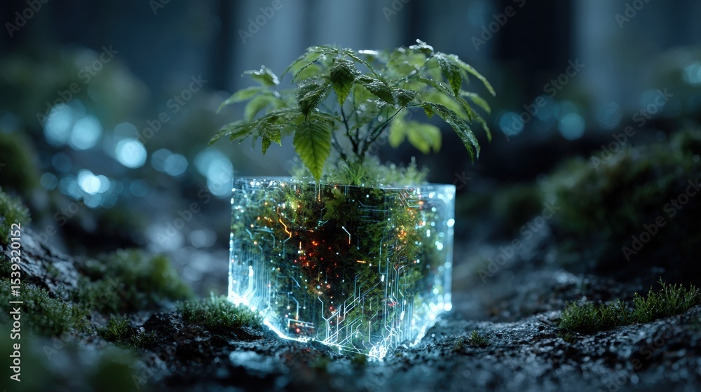 Aufkleber Lush green sapling growing from a transparent cube with embedded circuits, blending nature and technology in a harmonious ecosystem