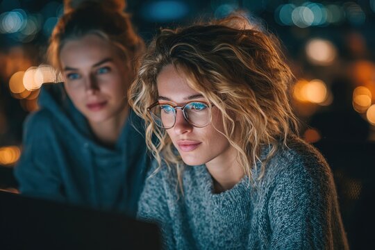 Coworkers working process photo.Young girl working together with colleagues at night modern office loft.Teamwork concept.Blurred background.Horizontal. High quality