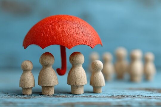 Family protecting from problems and covering by insurance policy concept with wooden figures under an umbrella
