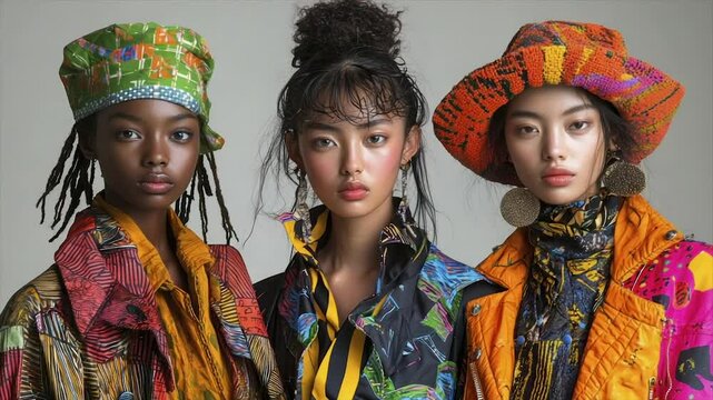 Three diverse models pose, wearing vibrant, patterned clothing and headwear
