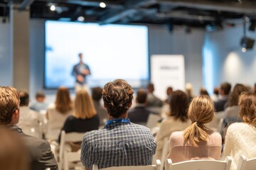 Audience listening to a speaker giving a presentation in a conference room, with a blank projection screen in background