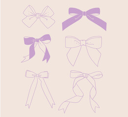Vector set of cute bows. Gift ribbon drawings. Hand-drawn silk ribbon accessory. Decoration, gift.