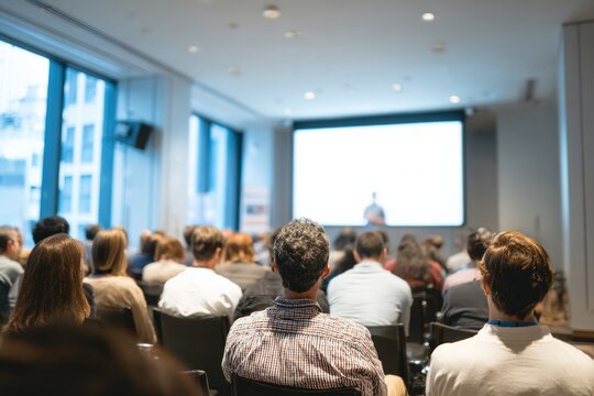 Audience members are listening to a speaker giving a presentation in a conference room, with a large presentation screen in the background