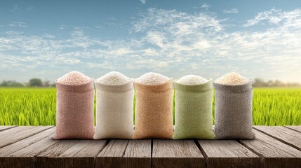 Colorful Rice Bags on Wooden Deck in Paddy Field